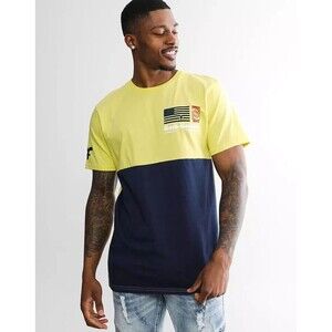 Rock Revival Beau T-Shirt Men Size Large Graphic Crew USA Flag Navy Yellow NEW